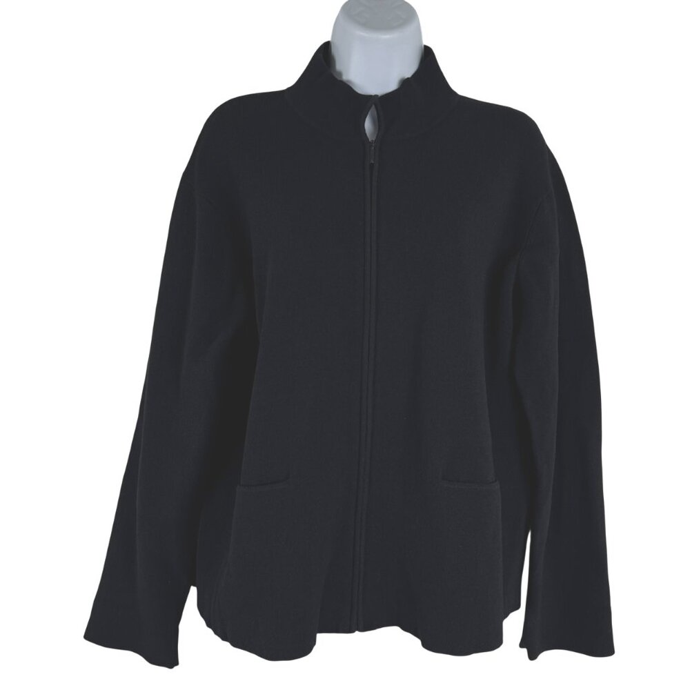Eileen Fisher Cardigan Jacket Large Black Full Zip Viscose Nylon‎ CJ-2321